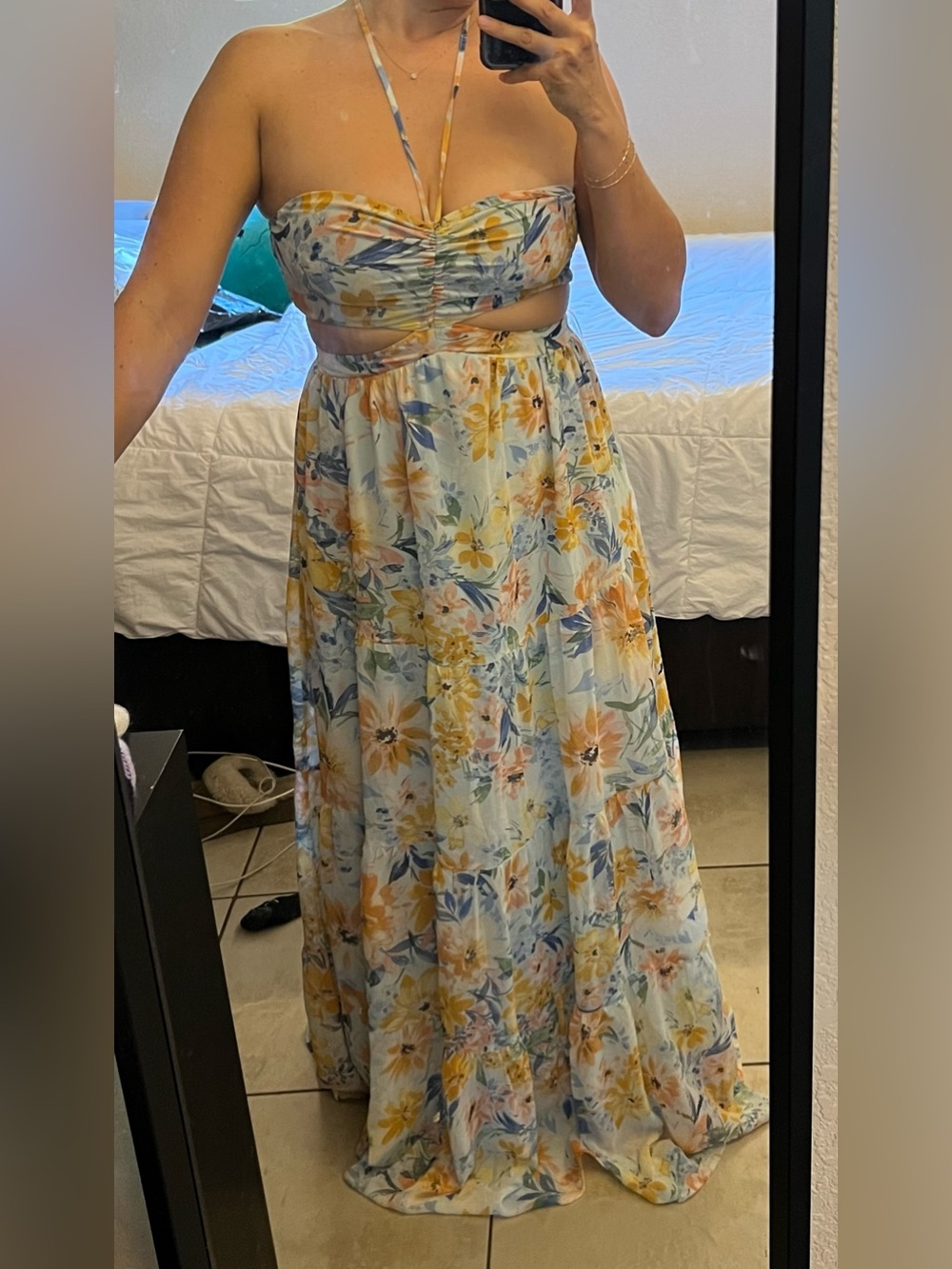 privy Floral Halter Cutout Maxi Dress in Yellow and Blue